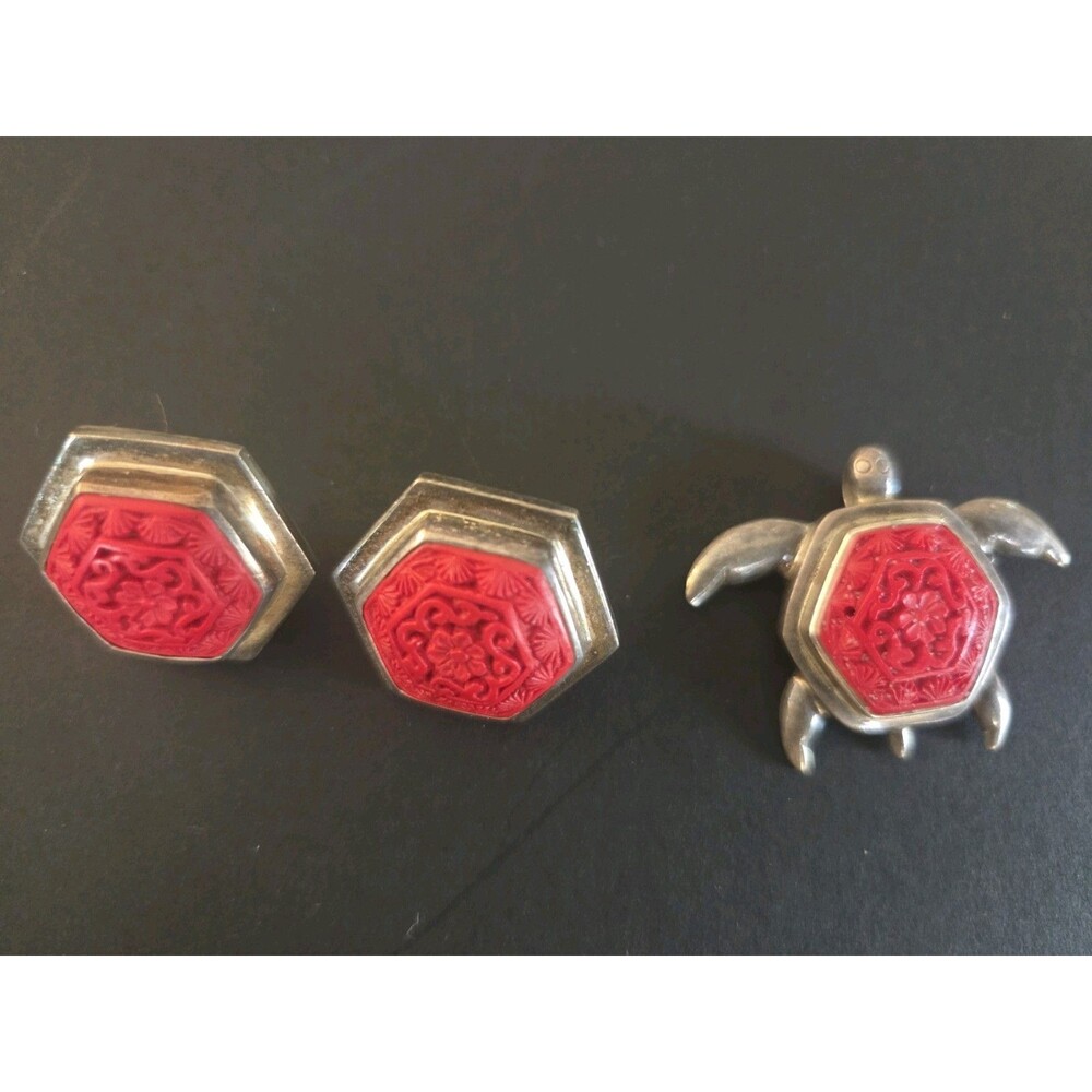 Unique SAJEN Sterling 925 Red Cinnabar Turtle Pin Pendant / Matching Earrings